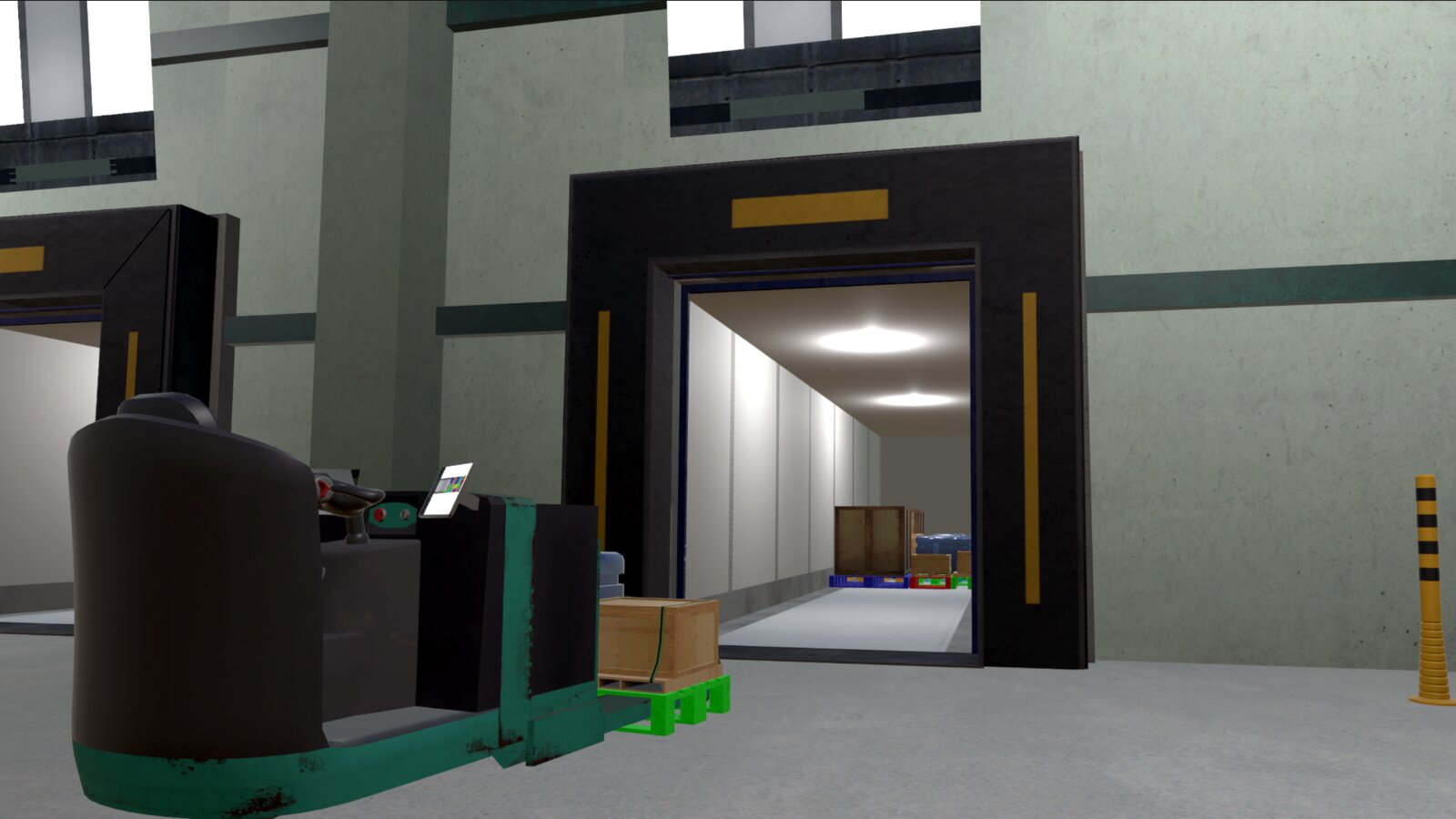 VR view of the truck loading dock, with a forklift and stacked crates.