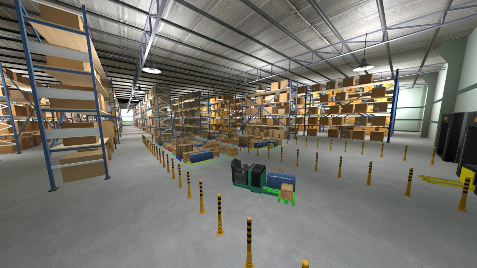 Warehouse interior seen in VR, with tall storage racks and pallets along the aisles.