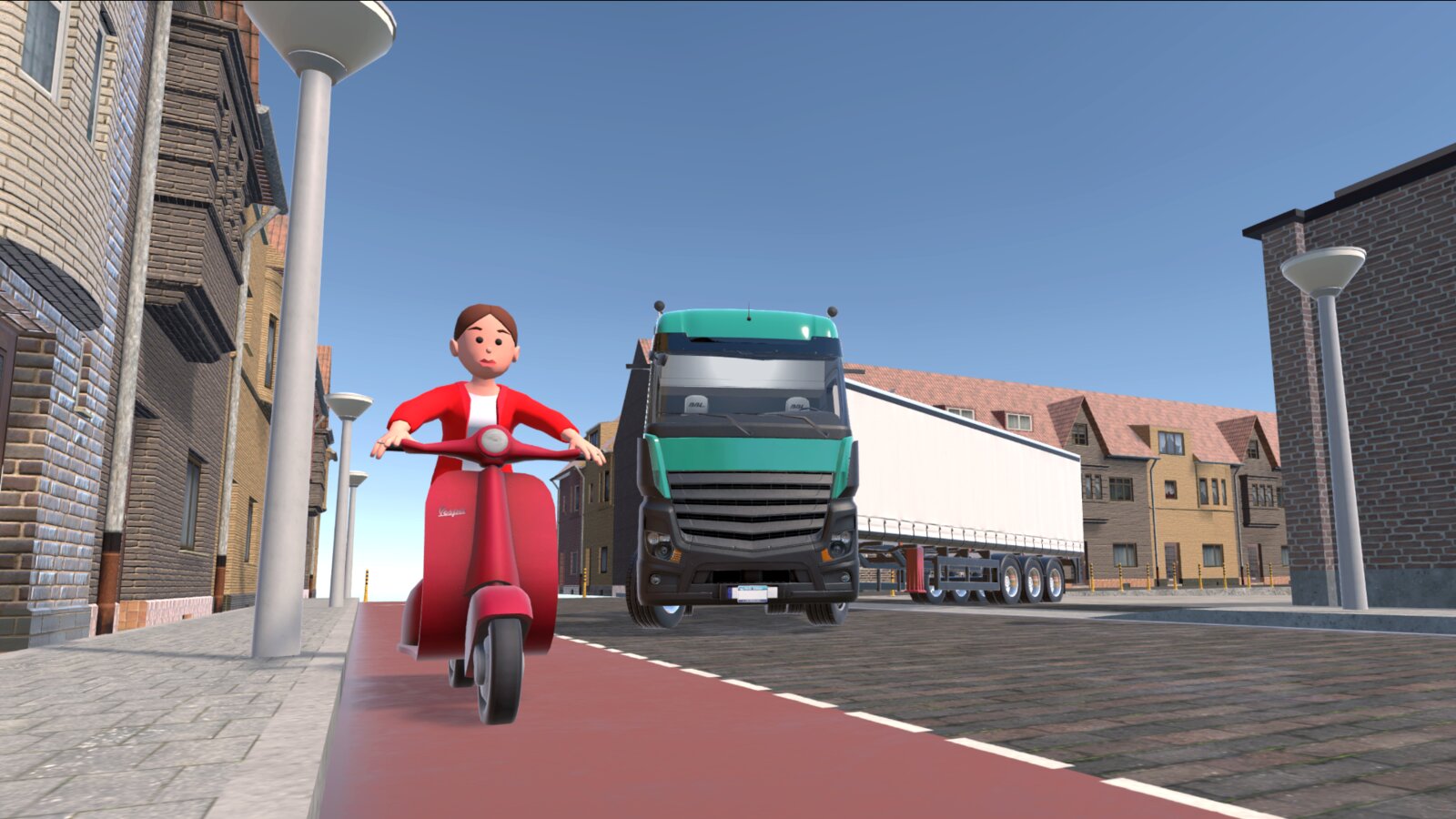 Street scene with a red delivery scooter rider stopped beside a green and white truck.