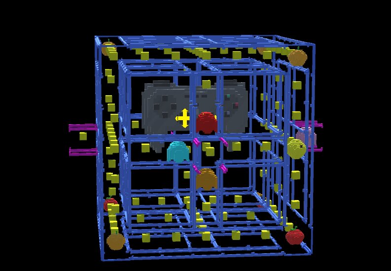 Pac-Man 3D gameplay: a blue wireframe maze cube filled with yellow pellets on a black background.