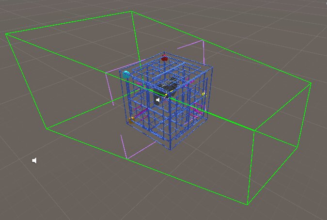 Unity scene view showing the maze cube inside a green bounding volume.