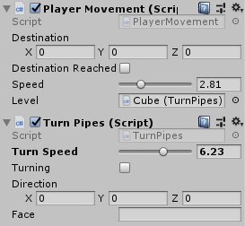 Unity inspector for the Player Movement and Turn Pipes scripts, exposing destination, speed and turn direction fields.