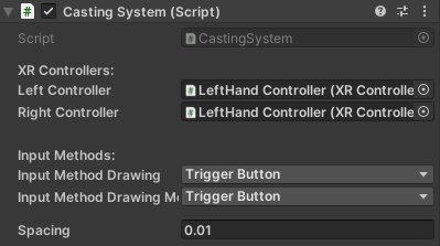 Unity inspector for the Casting System script, mapping left and right XR controllers to drawing input methods.