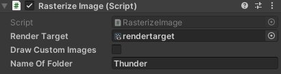 Unity inspector for the Rasterize Image script, with a render target and the folder name for custom training images.