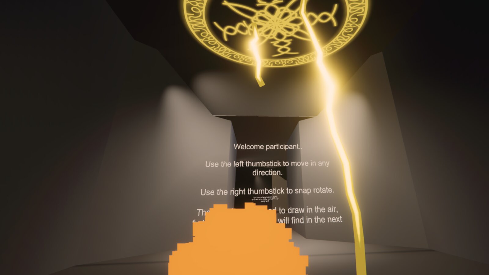 A glowing golden rune circle drawn in mid-air in VR, with on-screen instructions for drawing spells.