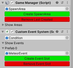 Unity inspector for the Game Manager script, with buttons to create and remove spawn areas and meteor event slots.