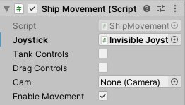 Unity inspector for the Ship Movement script, with toggles for joystick, tank and drag control schemes.