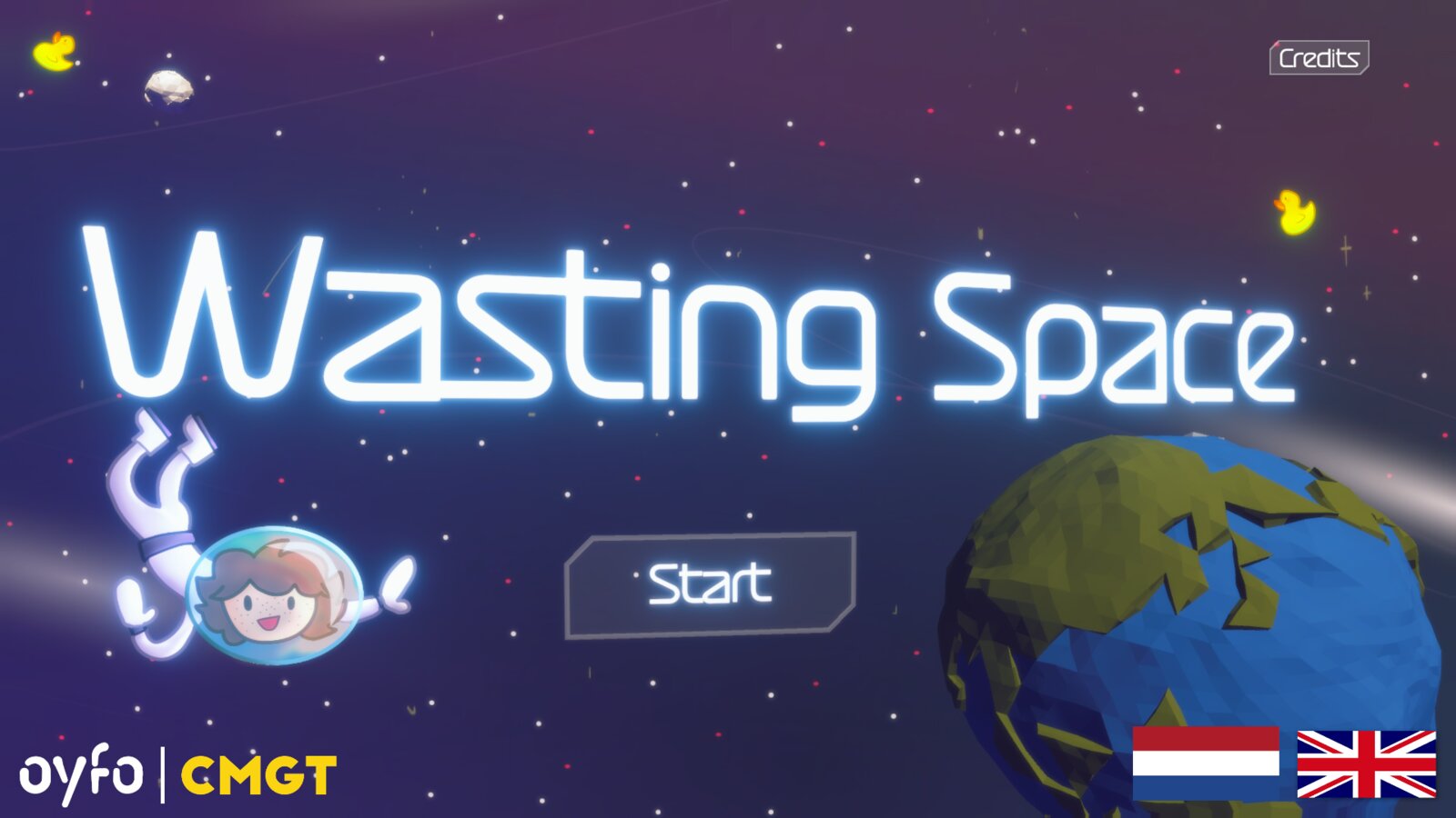 Wasting Space title screen: an astronaut holding a net beside Earth, with a Start button and Dutch and English language flags.